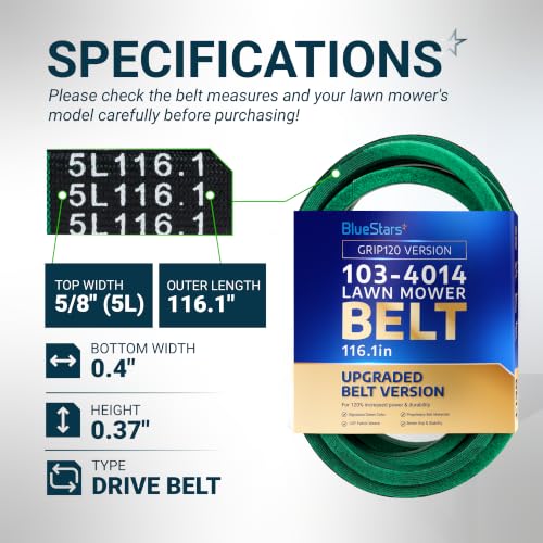 Image of [Upgraded Grip120] BlueStars 103-4014 Mule Drive Belt 5 /8 inch x 116.1 inch | Drive Belt for Exmark Lazer Z AC LC AS Zero Turn Mowers - Replaces 103-4014-SL | Aramid Cord