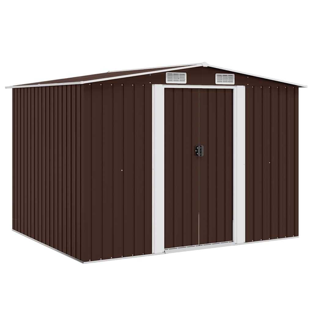 Casetta porta attrezzi marrone in acciaio zincato 257 x 205 x 178 cm con doppie porte scorrevoli e 4 prese d'aria per attrezzi da giardino, tosaerba, bicicletta e bidoni della spazzatura da