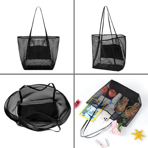 Image of Tavaleu Mesh Beach Bag, Beach Bags for Women, Woven Straw Beach Tote Bag Waterproof with Inner Pocket, Packable Beach Bag