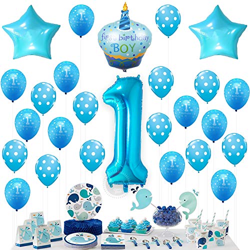 Blue 1st Birthday Boy Decorations - Large, 40 Inch | Number 1 Balloon with Mylar Cake and Star Balloons Pack | First Birthday Balloons | 1st Birthday Decorations for Baby Boy | 1 Year Old Birthday
