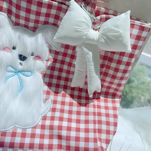 Image of Pink Bow Keychain Bag Charms Y2K Bowknot Plaid Keychains Coquette Aesthetic Purse Handbag Backpacks Charms (White)