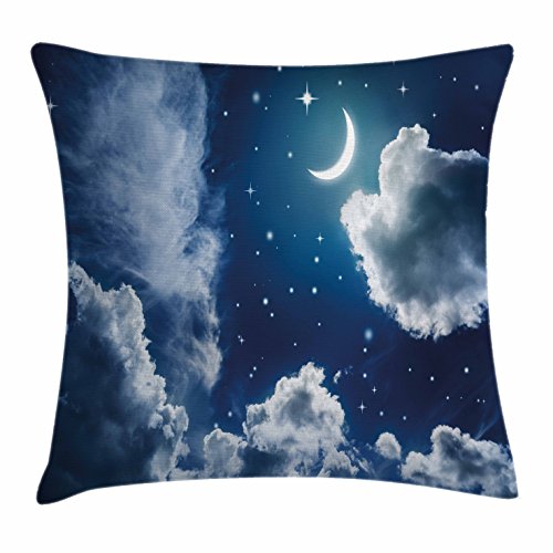 Lunarable Night Sky Throw Pillow Cushion Cover, Cartoon Themed Clouds Alluring Moon Lunar Image, Decorative Square Accent Pillow Case, 40