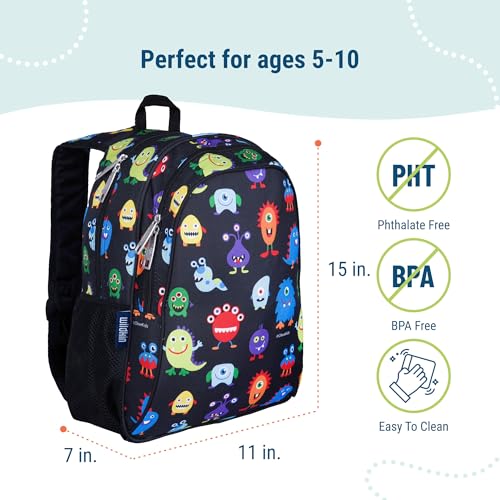 Image of Wildkin 15 Inch Backpack for Kids, Monsters | Ages 5-10, padded straps, side water bottle pocket - coordinates with matching Wildkin lunch boxes