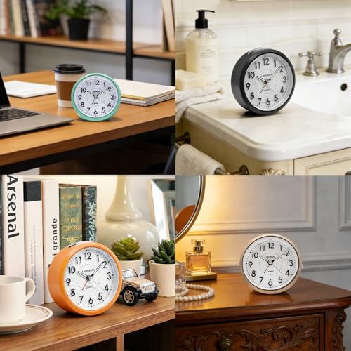 Image of Lamisola 4 Inch Alarm Clock for Bedrooms, Small Analog Desk Clock, Black | Battery Operated Bedside Clock for Bedroom Bathroom Home Nightstand Shelf, Night Light Snooze, Minimalist Clocks for Seniors