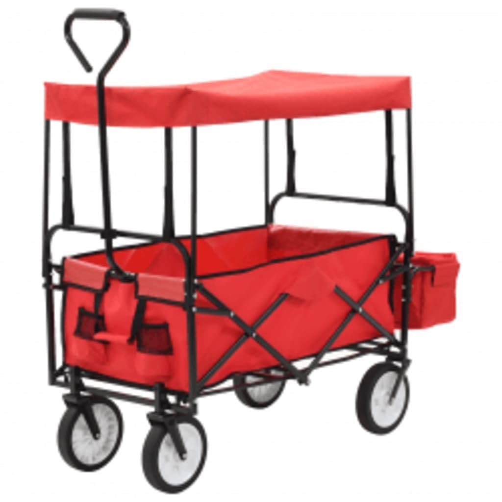 Klappbarer Handwagen mit Sonnendach Stahl Rot, Transportwagen mit 75 kg Kapazität, Faltbarer Rollwagen mit 360° drehbaren Rädern, Plattformwagen für Garten, Reisen und Transport