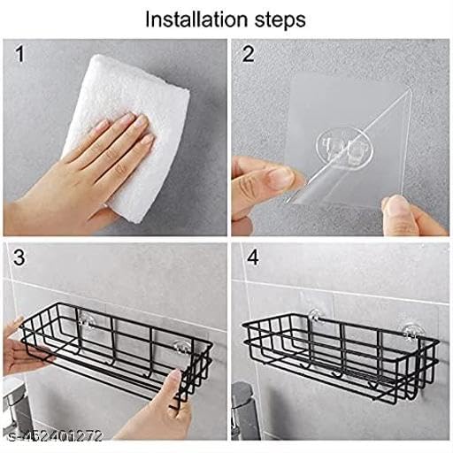 (Pack of 2) Steel Self-Adhesive Multipurpose Bathroom Shelf with Hooks/Towel Holder/Rack/Bathroom Accessories-Wall Mount - Pack of 2 (Black,Powder Coated)|BHR-P1008 4