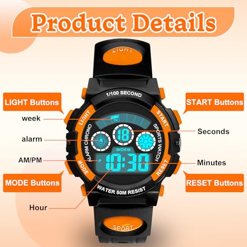 Image of Edillas Kids Digital Watch 7 Colors 50M Waterproof Sport Alarm Boys 7-15