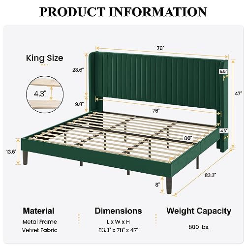 Image of SHA CERLIN King Size Velvet Bed Frame, Tufted Wingback Headboard, Green | 47'' Modern Vertical Channel Headboard, Upholstered Platform Bed, Wood Slats, No Box Spring Needed, Easy Assembly, Noise Free