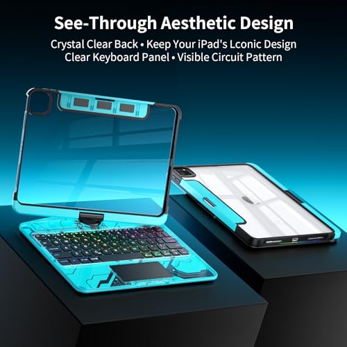 Image of Transparent Keyboard Case for iPad Air 11 inch (M3 2025 /M2 2024), Air 5th /4th Gen 10.9 inch & iPad Pro 11 inch (4th-1st) - Multi-Touch Trackpad, 360 Rotating Stand, 7-Color Backlit, Pencil Holder,Blue