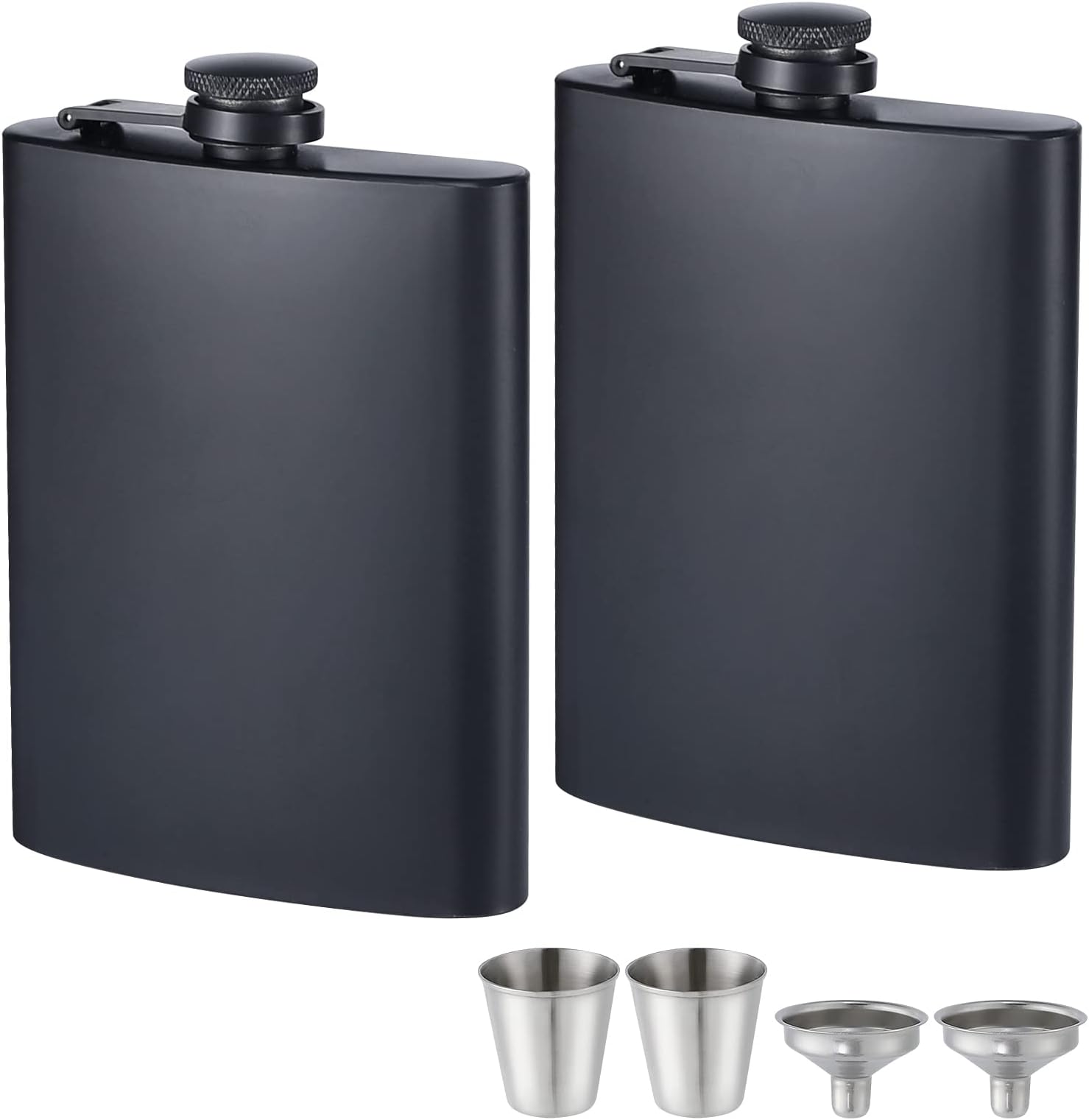 ROMORC 2 Pack Hip Flasks for Liquor Matte Black 8 Oz Stainless Steel Leak-proof Thin Flasks with 2pcs Funnels and Cups for Wedding Party, Groomsman, Bridesmaid, Gift