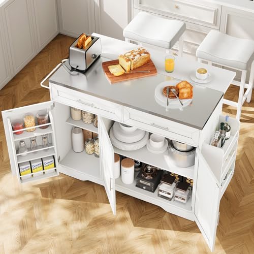 Concho 56'' Kitchen Island with Seating and Stainless Steel Countertop, Rolling Kitchen Island on Wheels with Folding Drop Leaf, Power Outlet, Spice/Towel Rack, Island Table Cart for Kitchen, White