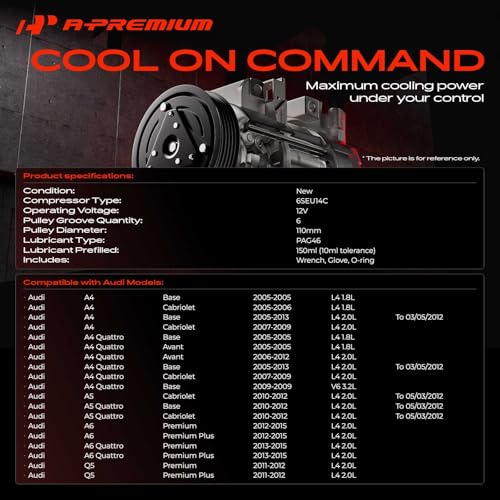 A-Premium Air Conditioner AC Compressor with Clutch Compatible with Audi A4 A4 Quattro 2005-2013, Q5 2011-2012, A5 A5 Quattro 2010-2012, A6 2012-2015, A6 Quattro 2013-2015, 1.8L 2.0L 3.2L by A-Premium - Image 2