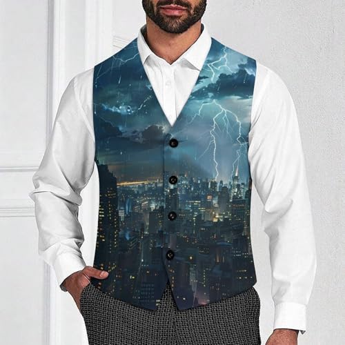 Storm And City Night View Novelty Men's Suit Vest Casual Formal Dress Vests Business Waistcoat2