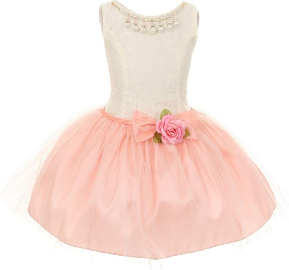 Little Girls Adorable Lace Pearl Taffeta Tulle Mesh Easter Flower Girl Dress