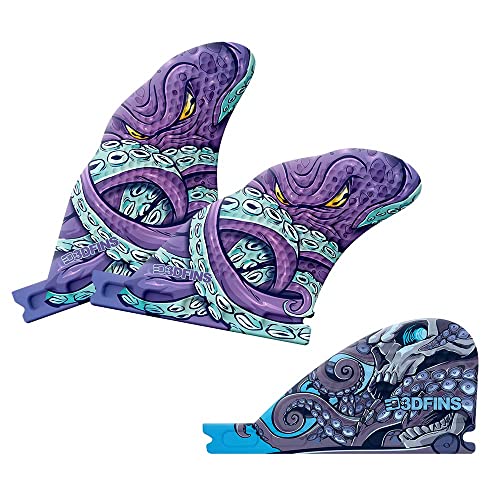 3Dfins Surf/Wake Set - 2 Surf/Wake Flyer Fins + 1 Dimpster - Futures Base - High Performance Wake Surfing Fins (Kracken) #TOP26