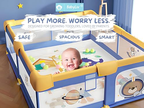 Image of Playard | Spacious Playpen for Kids up to 4 Years | Safety Lock | Thick Padding | 360 Mesh | Portable Activity Center (Space Baby Bear, Ocean Blue, 150x180 cm) | No Mat /Grip /Balls (WY)