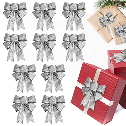 BTGGG 10 Stück Schleifen für Geschenke, Weihnachtsschleifen, Weihnachtsbaumschmuck, Glitzer-Schleife, Weihnachtsdekorationen für Geschenkbox, Party, 25 x 20 cm (Silber) Cover