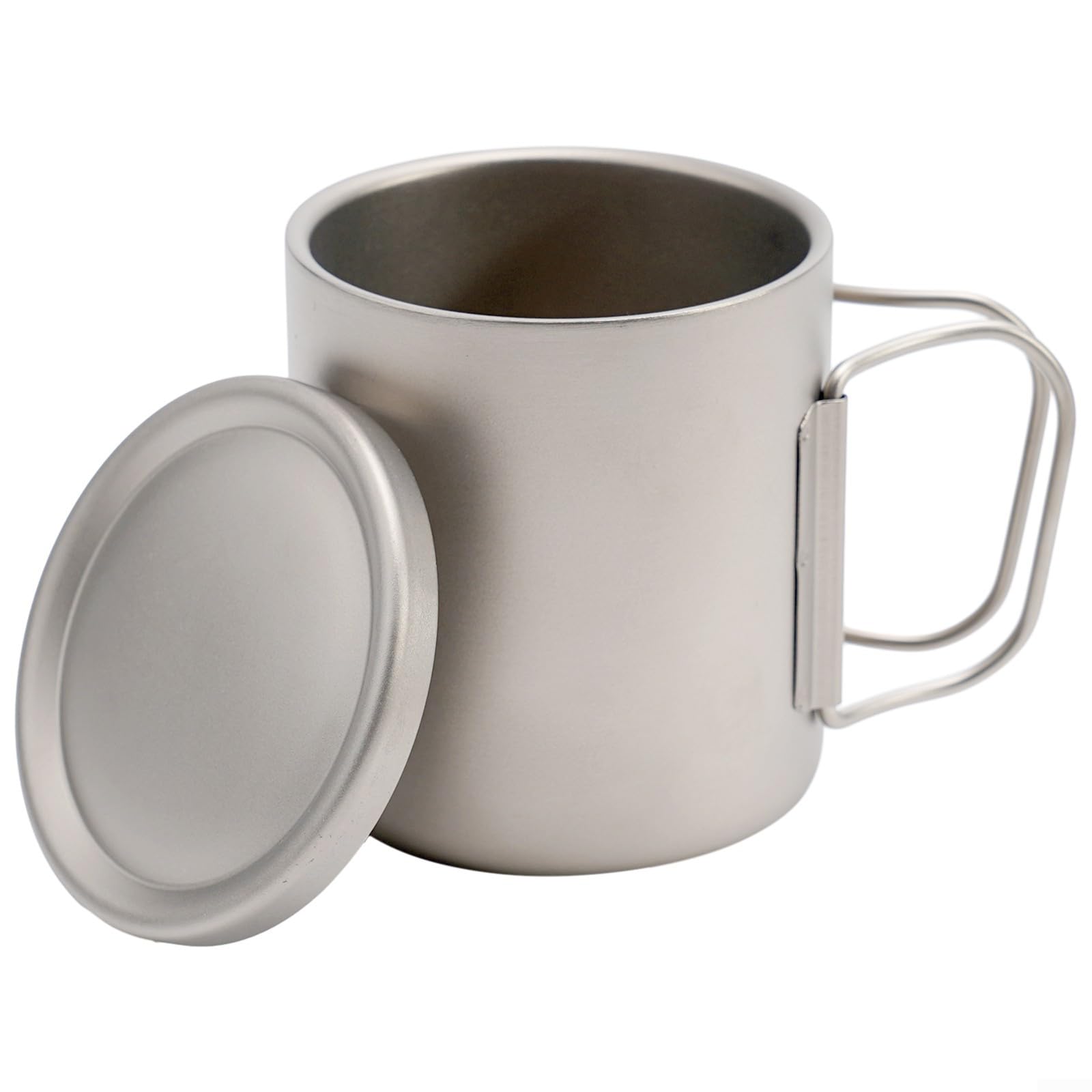 Doppelwandige Titan-Wassertasse mit Deckel für Camping, Wandern, Rucksackreisen, Outdoor, 300 ml (mit Griffen, 450 ml)