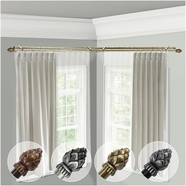 Corner Window Curtain Rod Double Rod Adjustable Black 120-170 Inch