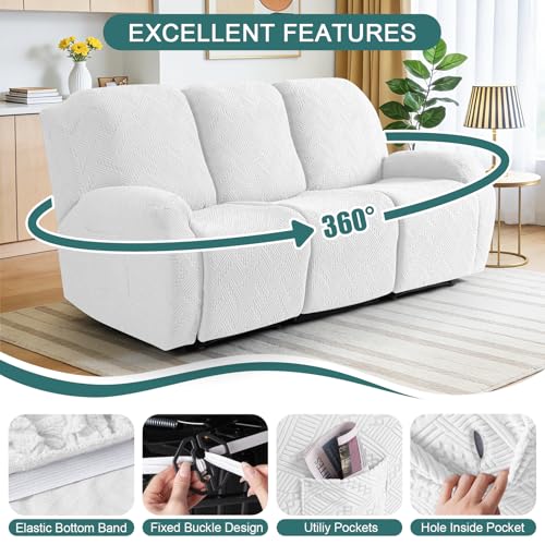 Image of Ruaozz Recliner Sofa Covers Recliner Chair Covers Couch Covers for Reclining Couches with Pockets Washable Furniture Protector with Elastic Bottom (3 Seater, Ivory)