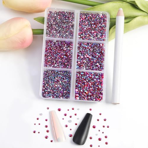 Image of Beadsland Flatback Rhinestones, Light Siam AB, 7200pcs Mixed 6 Sizes | Glass Nail Gems, Round Crystal, With Wax Pencil Kit, SS3-SS10, Light Red AB