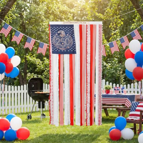 250 Anniversary USA Decorative Door Hanging, Patriotic Ribbon Tassel Wall Banner, 4 x 2.3 Ft 1776-2026 American Flag Porch Decor 4th of July Decorations for Home Outdoor Indoor (1776-2026) by Essestim - Used condition - Image 3
