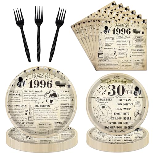 refavor 30th Birthday Decorations for him her, Vintage 96PCS Back in 1996 30th Party Plates Napkins and Forks Tableware, Disposable Cheers to 30 Years Dinnerware Supplies 24 Guests