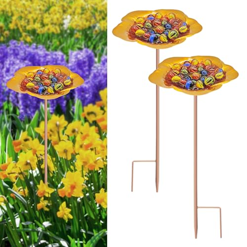Large Bee Watering Station-Golden Butterfly Puddler Bee Bath & Feeder with Metal Stakes - 30 Glass Marbles, Vivid Flower Design, Garden Yard Decor (Golden-2PACK)