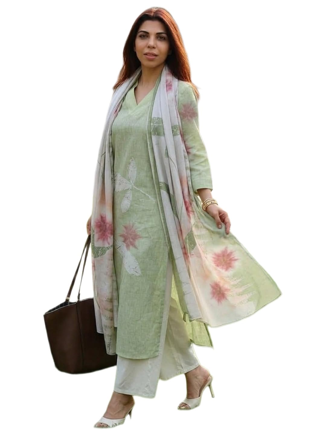 gosriki Women Cotton Blend Straight Fit Printed Kurta Pant Dupatta Set | V Neck Three Quarter Sleeve Ensemble | Soft Breathable Fabric | Comfortable Elegant Styling for Office Casual Wear-picture-27
