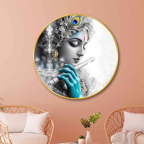 Image of SAF Monochrome Lord Krishna with Flute Wall Painting - Black & White Spiritual Art with Blue Accent | Round Golden Frame Religious Decor for Living Room, Bedroom, Pooja Room (20 X 20 Inch) GRL-292