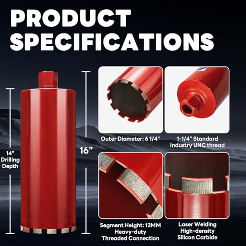 Image of Premium 6-1 /4 inch Wet Core Drill Bit for Hard Concrete with High-Density Diamond, Precision-Welded Segments, 1-1 /4 inch-7 UNC x 14 inch Depth, Industrial Grade for Concrete Rebar, Brick, Masonry, Pavers