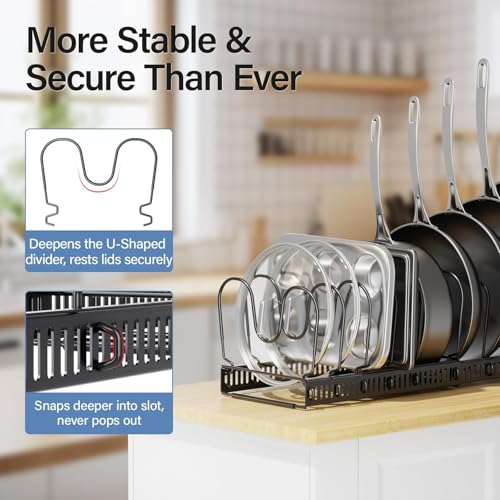 Image of 10-Tier Expandable Pot and Pan Organizer Rack - Adjustable Heavy-Duty Metal Kitchen Cabinet Holder for Pots, Lids, Skillets & Bakeware