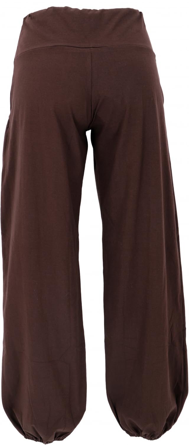 Goa Psytrance Hose, Sommerhose, Yogahose, Pluderhose, Damen, dunkelbraun | Baumwolle, elastisches Material, breite Bund, seitliche Taschen, loose Fit, ideal für Yoga und Dancefloor.