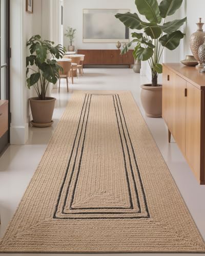 Image of Handmade Rectangular Jute Carpet Black line Beige - Natural Fiber Rug for Living Room & Bedroom | Eco-Friendly & Durable | Size 3x8 Feet, Color- Black line Beige