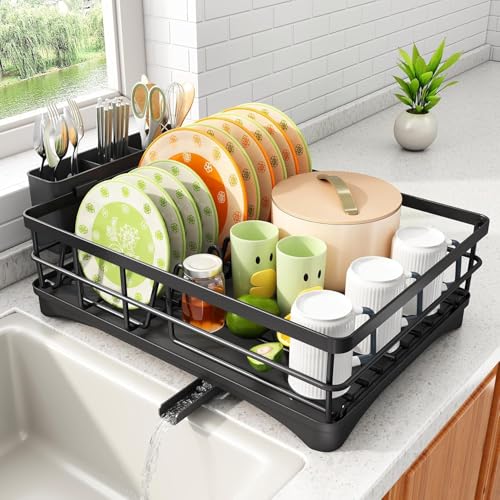 Image of Umite Chef Large Dish Drying Rack for Kitchen Counter, Black Metal Dish Drainer with Drainboard, Utensil Holder, Cup Holder, Rust Resistant Kitchen Dish Rack with Water Drain Spout for Countertop