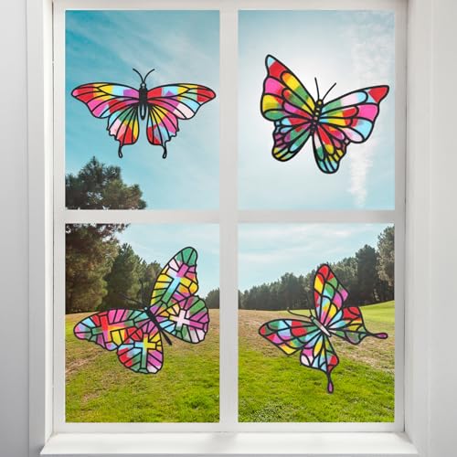 Yeaqee 24 Pack Butterfly DIY Suncatcher Paper Crafts Stained Glass