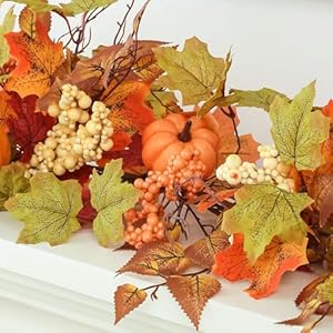 MIZII Fall Decor Artificial Maples Leaf Pumpkin Garland 10FT Autumn Maple Vines Garland Thanksgiving Halloween Harvest Decorations for Home Porch Mantle Fireplace Farmhouse Outdoor Indoor 10FTMaple