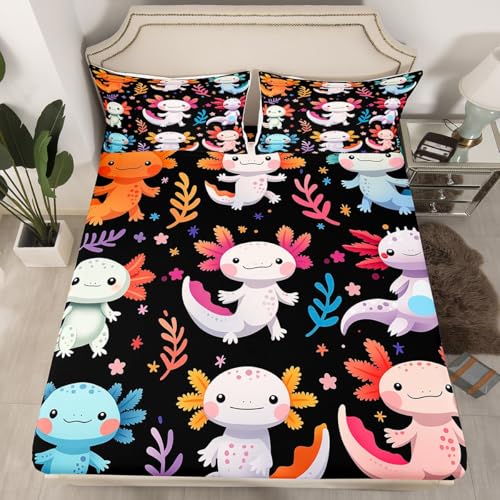 Loussiesd Juego de sábanas de dibujos animados con diseño de ajolote para adultos, color negro, colorido, funda de cama kawaii, 3 piezas, 1 sábana bajera + 2 fundas de almohada (sin sábana encimera)
