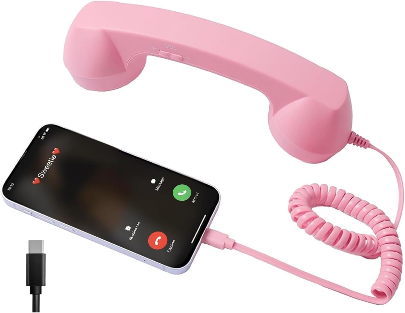 Parishop Smartphone Handset for iPhone iPad Cell Phone Headset Computer Clamping Neck iPhone Android Retro Phone Type C Plug Wired Phone Anti-Radiation Convenient (Pink)