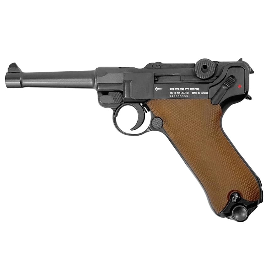 Borner P08 Blowback (4,5mm) | Pack Pistola de balines (Bolas de Acero BB's + maletín + 5 Cargas). Arma de Aire comprimido Calibre 4,5mm
