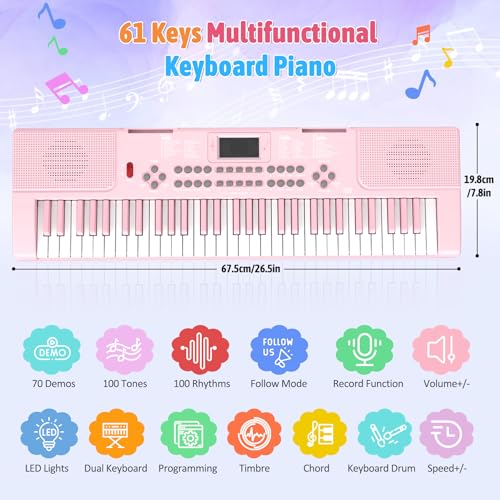 Miniatura 4 de Shayson Piano Digital Electrónico Para Niños Con Teclas Iluminadas, Portátil, De 61 Teclas, Juguete Musical Educativo Para Principiantes Con Atril Y Micrófono. Rosa