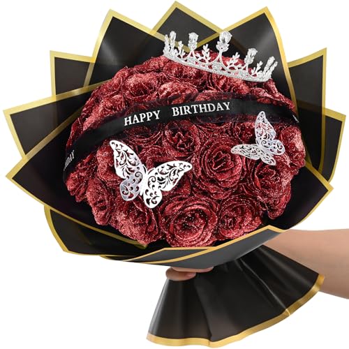 Waipfaru Glitter Roses Bouquet, Birthday Gifts for Women Mom, DIY Fake Flowers Bouquet with Birthday Stand-Up Signs, 36 Red Rose for Grandma Wife Friends