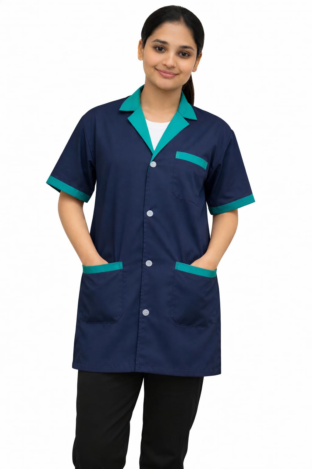 Medical Staff Apron | Navy Blue with Green Trim | Short Sleeve | Button Front Closure | Multiple Pockets, Professional Staff Uniform Coat-image-17