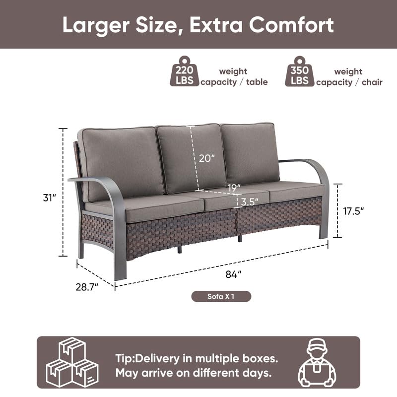 Image of Rilyson 3 Seat Outdoor Wicker Couch, Rattan Patio Sofa with Grey Cushions | Metal Armrest, High Back and Deep Seating, Water-Resistant, Fade-Resistant, Removable Cover, Stain-Resistant