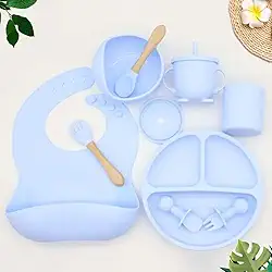 Kit de Introdução Alimentar para Bebê 8 Peças em Silicone, Utensílios para Comida Sólida e Primeiras Refeições (Azul Bebê)