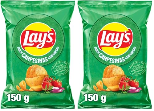 Lay's Campesinas, Patatas Fritas de cultivos sostenibles con sabores vegetales, Producto de Aperitivo, bolsa individual, 150g (Paquete de 2)