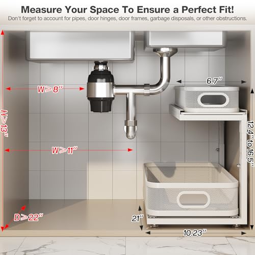 Image of 2 Pack 21IN-Depth Under Sink Organizer With Next-Gen Ball-Bearing Slides,2-Tier Precision Mesh Pull Out Cabinet Storage for Bathroom&Kitchen,Height Adjustable Drawers Shelf,Anti-rust-White