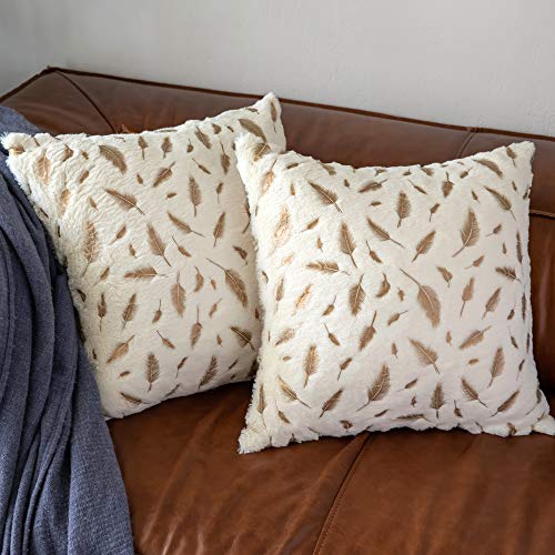 Ommato Throw Pillows Covers 18 X 18,Set Of 2 White Fur With Gold Leaves Soft Throw Pillows For Couch Bed,Accent Home Decorative Square Cushions Cases Shams Pillowcases Farmhouse,45 X 45 Cm #TOP1