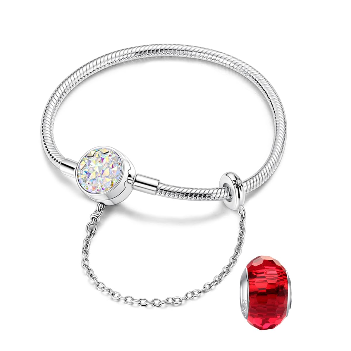 LNQOBU Bracciale in Argento con maglia Snake e chiusura a cuore Compatibile con Pandora Europei Charms da Donna