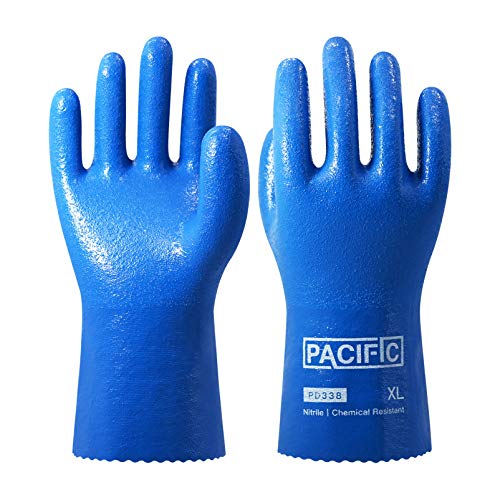 PACIFIC PPE 3Pairs Nitrile Chemical Resistant Work Gloves, Heavy Duty , Cotton Lining, Oil & Gas Industry, Non-slip, Large, Blue